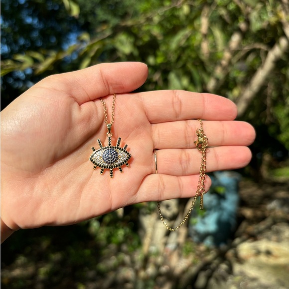 18K Gold Plated Stainless Steel Diamond Evil Eye Necklace - Picture 4 of 5